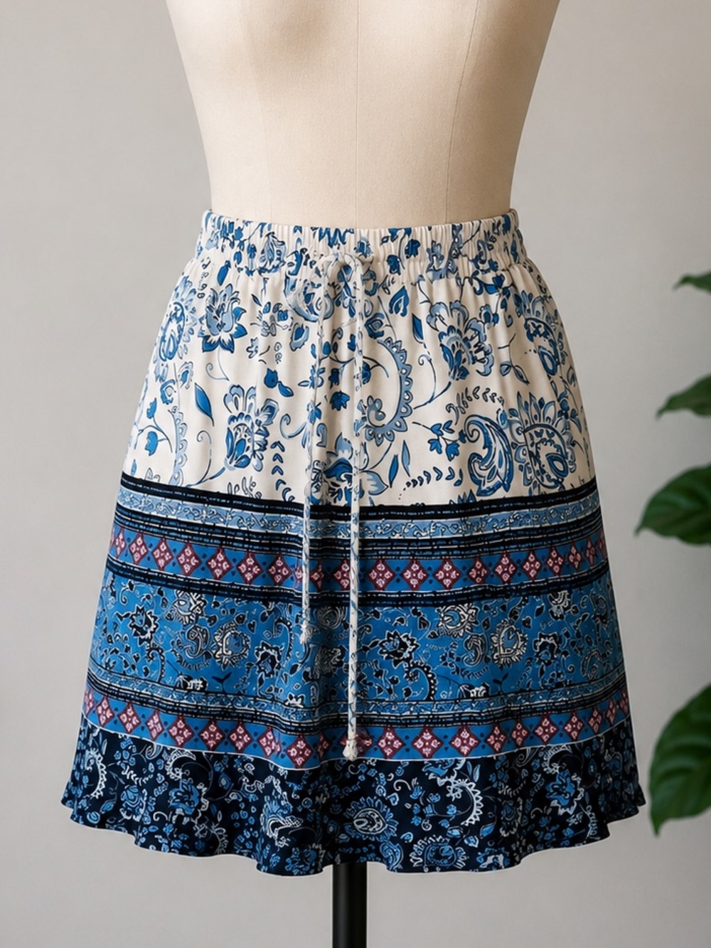 LOFT Blue and Cream Tiered Paisley Print Skirt